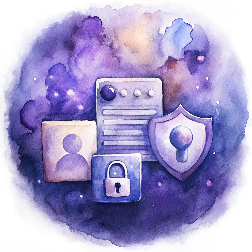 Iconos de protección de datos, privacidad y perfil de usuario en una composición artística con fondo de nebulosa.