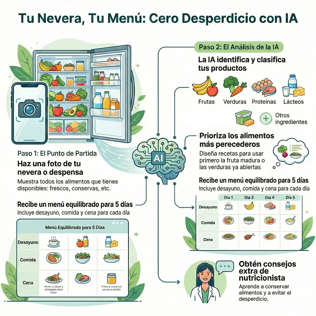 Infografía descriptiva sobre cómo usar inteligencia artificial para crear menús semanales saludables y evitar el desperdicio alimentario.