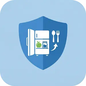 Ilustración sobre aprovechamiento alimentario mostrando un frigorífico con comida saludable y símbolos de nutrición en fondo azul.